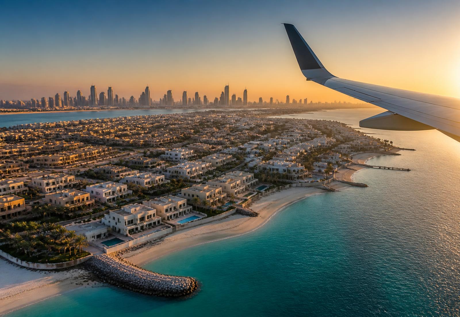 Aerial view of a coastal city at golden hour seen from an aircraft